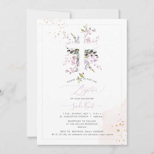 Invitación de Bautizo PixDezines H2 Rosa Eucalipto (Anverso)
