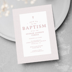 Invitación de bautizo preppy a rayas pink y blanco