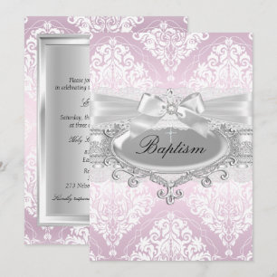 Invitación de Bautizo Pretty Pink Damask & Bow