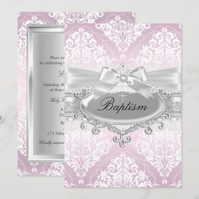 Invitación de Bautizo Pretty Pink Damask & Bow (Anverso / Reverso)