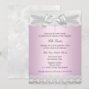 Invitación de Bautizo Pretty Pink Lace Cross