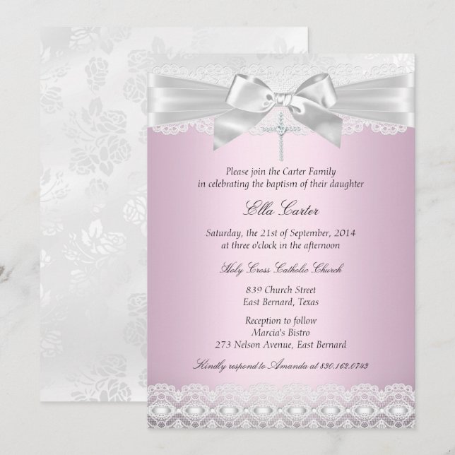 Invitación de Bautizo Pretty Pink Lace Cross (Anverso / Reverso)