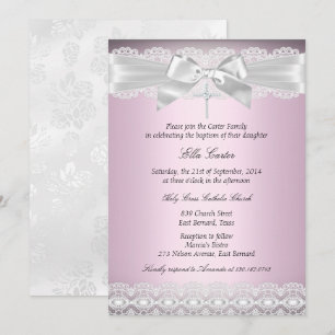 Invitación de Bautizo Pretty Pink Lace & Cross