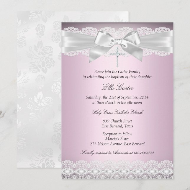 Invitación de Bautizo Pretty Pink Lace & Cross (Anverso / Reverso)
