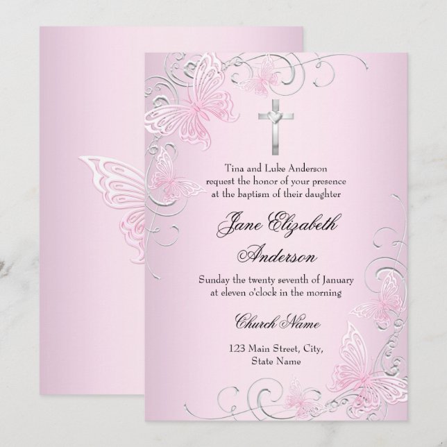 Invitación de Bautizo Pretty Pink Swirl Butterfly  (Anverso / Reverso)