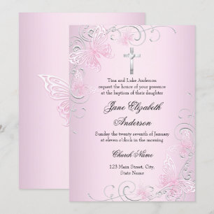 Invitación de Bautizo Pretty Pink Swirl Butterfly