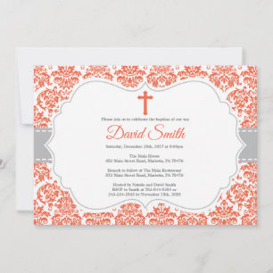 Invitación de Bautizo Rojo y Damask Gris