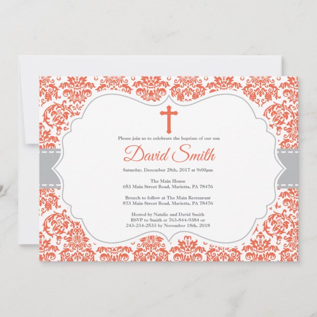 Invitación de Bautizo Rojo y Damask Gris (Anverso)