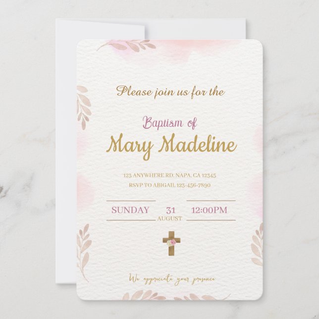 Invitación de Bautizo Rosa (Anverso)
