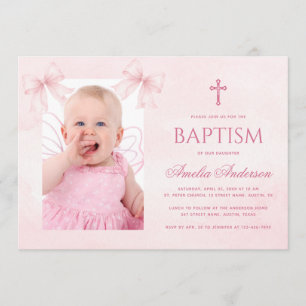 Invitación de Bautizo Rosa Arco Niña Foto Acuarela