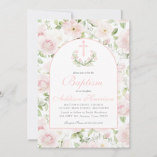 Invitación de bautizo rosa, Bautizo de niña,  (Anverso)