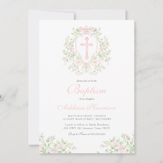 Invitación de bautizo rosa, Bautizo de niña,  (Anverso)