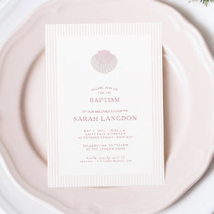 Invitación de bautizo rosa blanca costera
