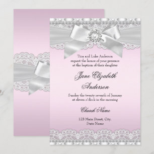 Invitación de Bautizo Rosa con Lazo de Encaje de D