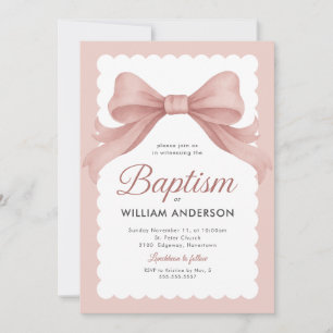 Invitación de Bautizo Rosa con Lazo Elegante y Cla