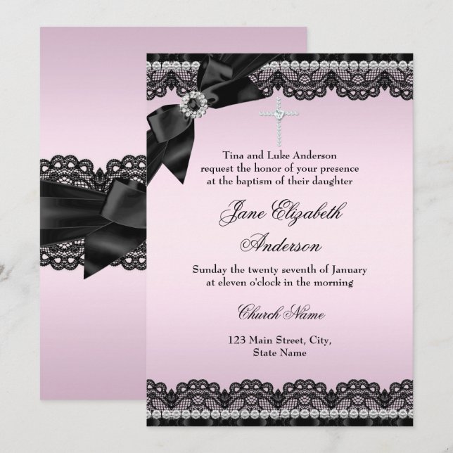 Invitación de Bautizo Rosa Diamante Encaje Chic (Anverso / Reverso)