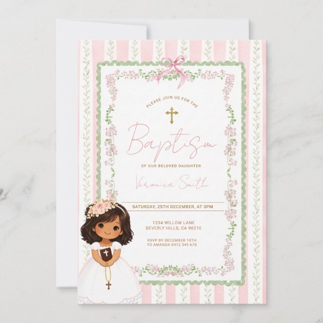 Invitación de bautizo rosa para niña (Anverso)