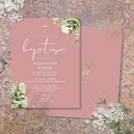 Invitación de Bautizo Rosa Polvorienta Floral Verd