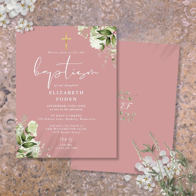 Invitación de Bautizo Rosa Polvorienta Floral Verd (Greenery Floral Dusty Rose Pink Baptism Invitation Postcard)