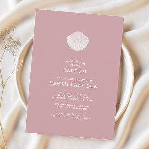 Invitación de bautizo rosa polvoriento de concha c