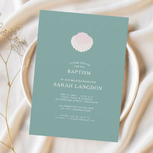 Invitación de bautizo rosa verde salvia concha cos