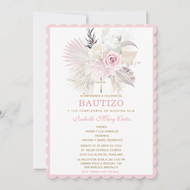 Invitación De Bautizo Rosas Personalizadas (Anverso)