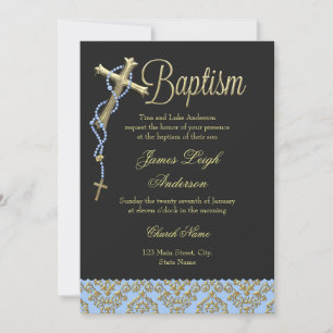 Invitación de Bautizo Santa Cruz y Damask Azul Neg