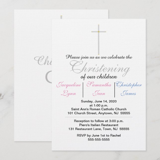 Invitación de Bautizo Trillizos Rosa Azul (Anverso / Reverso)