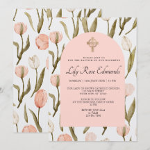 Invitación de Bautizo Tulipanes Acuarela Rosa y Bl