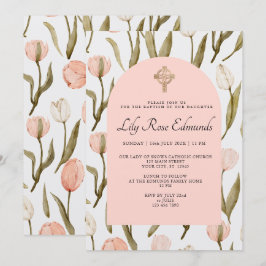 Invitación de Bautizo Tulipanes Acuarela Rosa y Bl