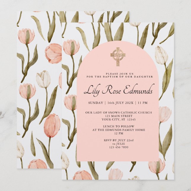 Invitación de Bautizo Tulipanes Acuarela Rosa y Bl (Anverso / Reverso)