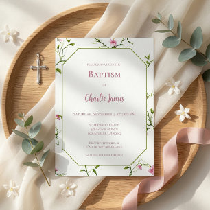 Invitación de Bautizo Verde Botánico Rosa