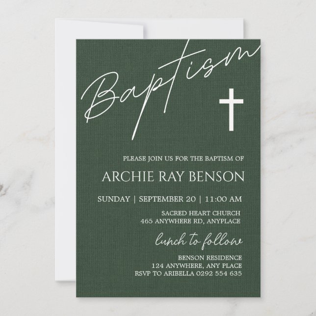 Invitación de Bautizo Verde Esmeralda Minimalista (Anverso)