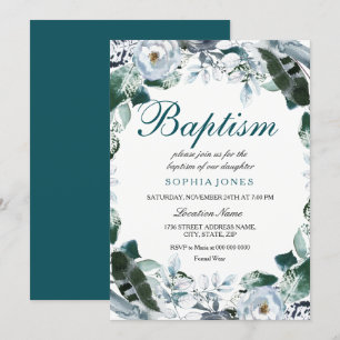 Invitación de Bautizo Verde Turquesa Acuarela Flor