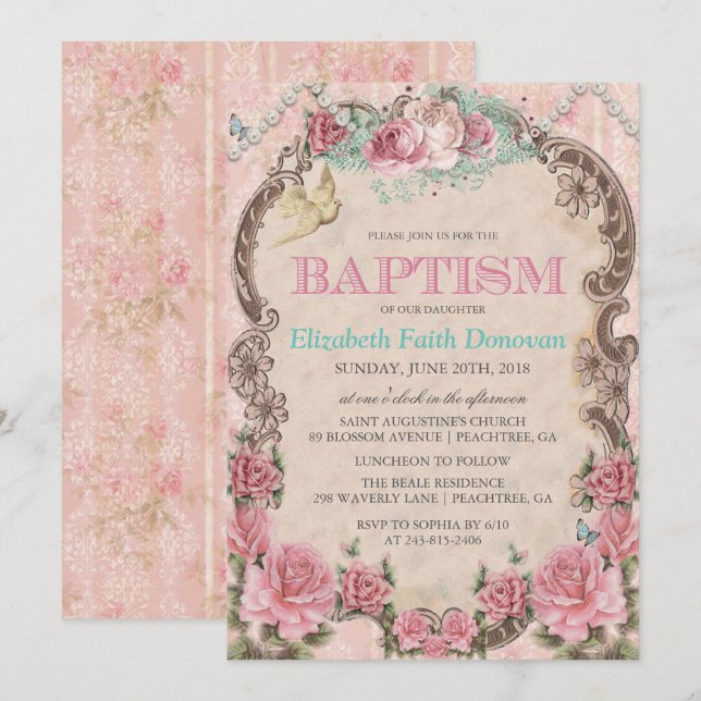 Invitación de Bautizo Vintage Shabby Chic (Anverso / Reverso)