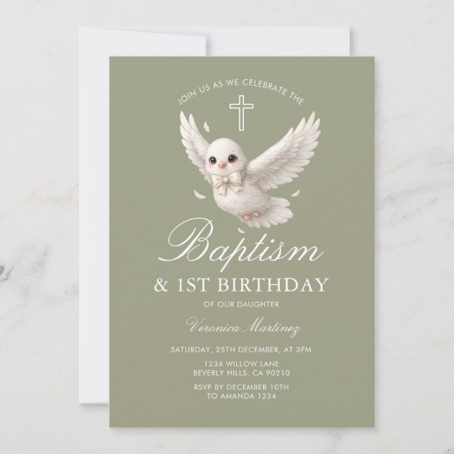 Invitación de Bautizo y 1er Cumpleaños Floral Verd (Anverso)