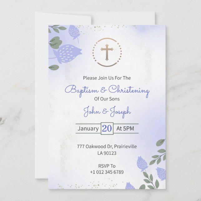 Invitación de bautizo y bautismo con diseño floral (Anverso)