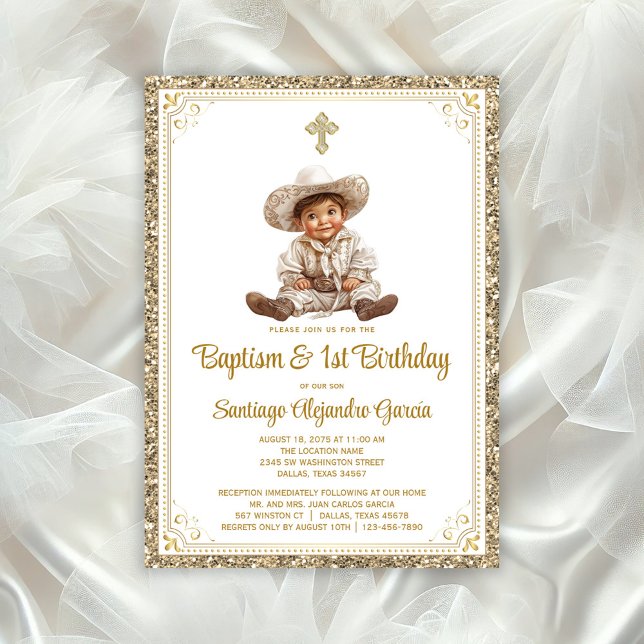 Invitación de Bautizo y Cumpleaños Charming Baby C (Adorable baby charro baptism invitation, You can change all text, move baby, move/remove cross/)