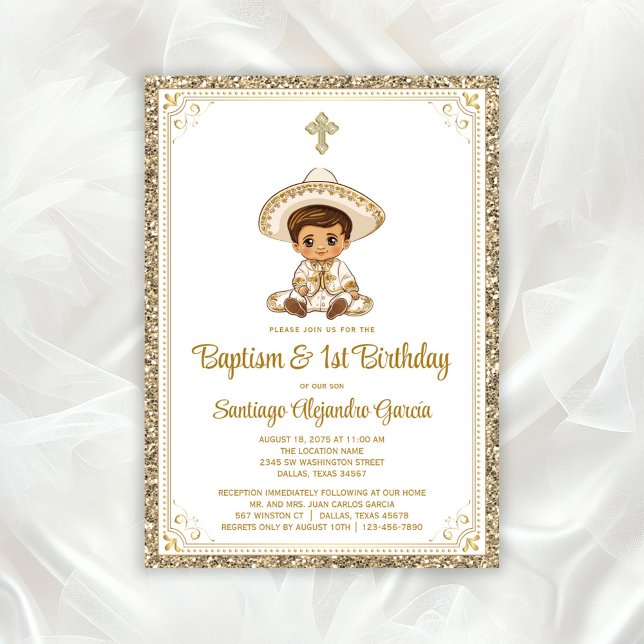 Invitación de Bautizo y Cumpleaños Charro de Oro M (Adorable little charro baptism invitation. All of the text can be changed as needed for your event.)