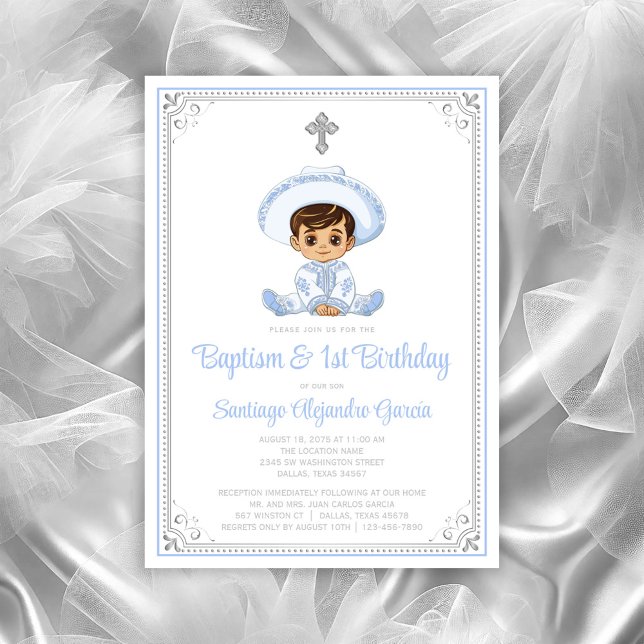 Invitación de Bautizo y Cumpleaños Charro de Plata (Cute baby charro baptism invitation. All text can be changed, baby moved, cross moved/removed.)