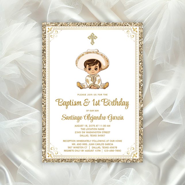 Invitación de Bautizo y Cumpleaños Charro Dorado (All text can be changed for your event.)