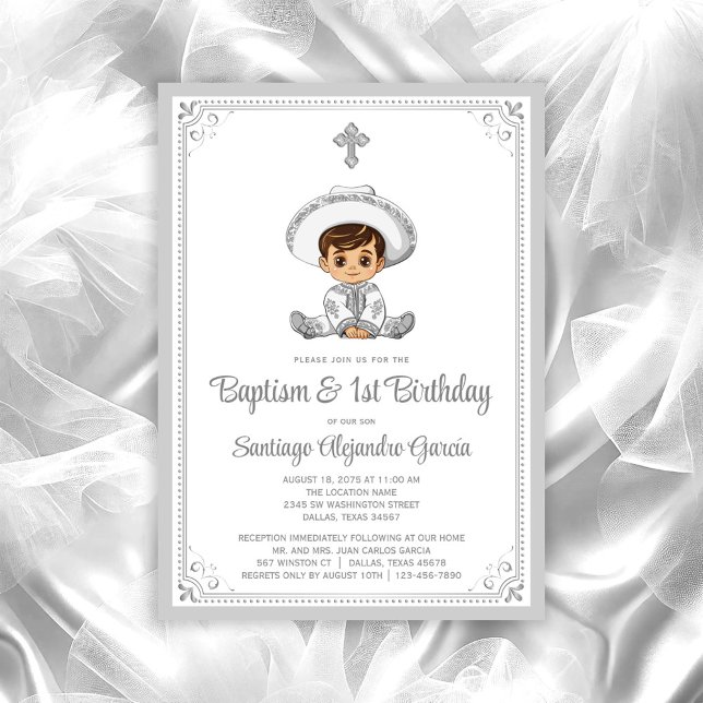 Invitación de Bautizo y Cumpleaños de Baby Charro  (Charro baby baptism invitation. All text can be changed, move/remove baby and cross as needed.)