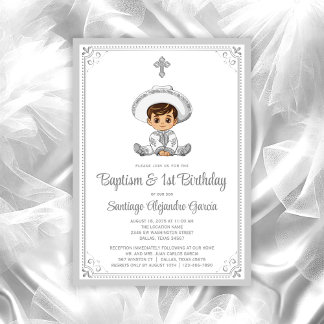 Invitación de Bautizo y Cumpleaños de Silver Baby 