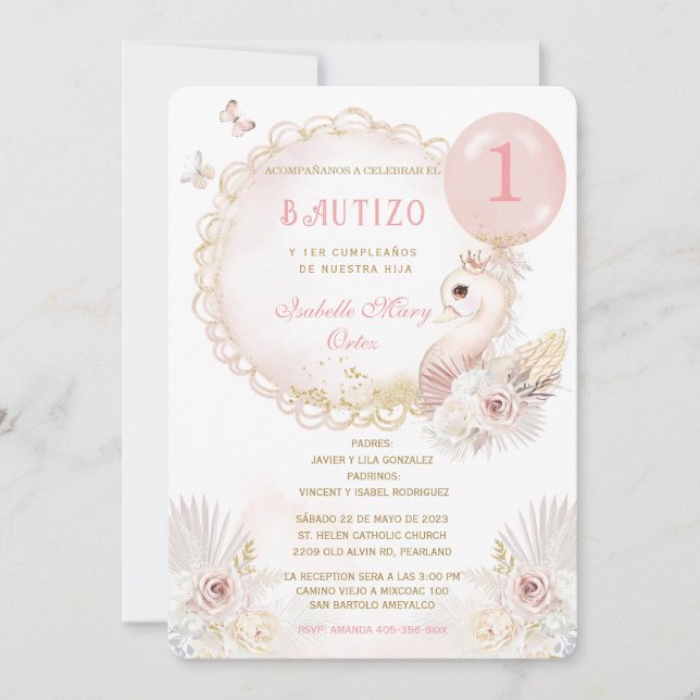 Invitación de Bautizo Y Primer Añito Cisne (Anverso)