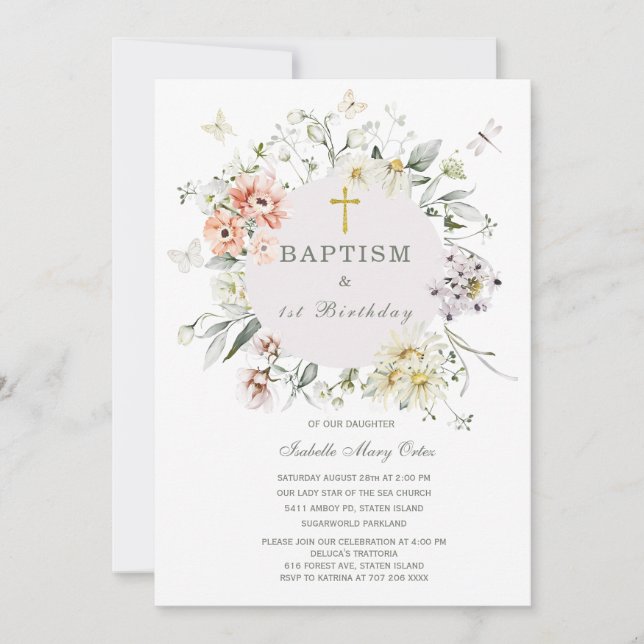 Invitación de Bautizo y Primer Cumpleaños con Flor (Anverso)