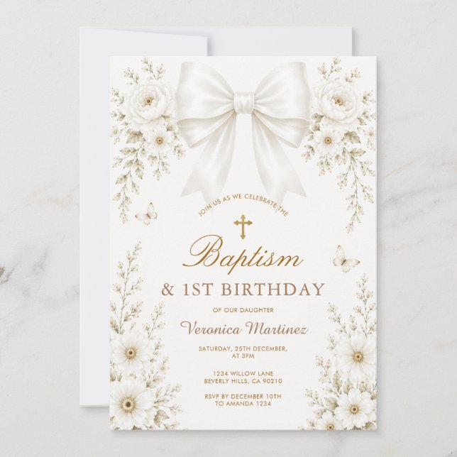 Invitación de Bautizo y Primer Cumpleaños con Lazo (Anverso)