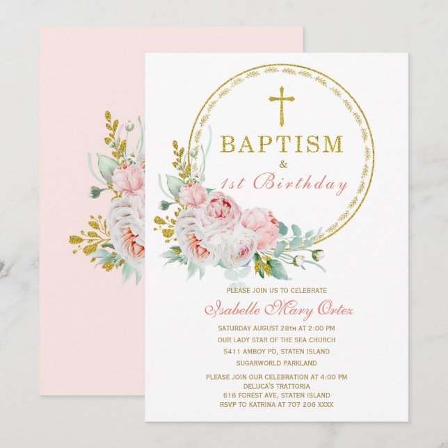Invitación de Bautizo y Primer Cumpleaños Floral R (Anverso / Reverso)