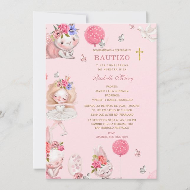Invitación De Bautizo y primer cumpleaños para Niña (Anverso)
