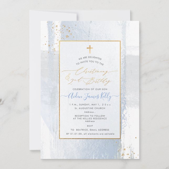 Invitación de bautizo y segundo cumpleaños H2 azul (Anverso)
