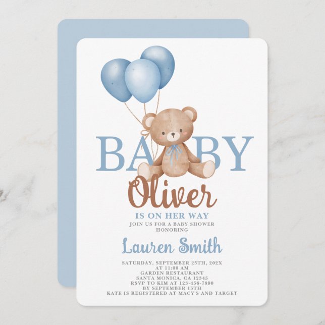 Invitación de Bear Baby Shower Boy (Anverso / Reverso)